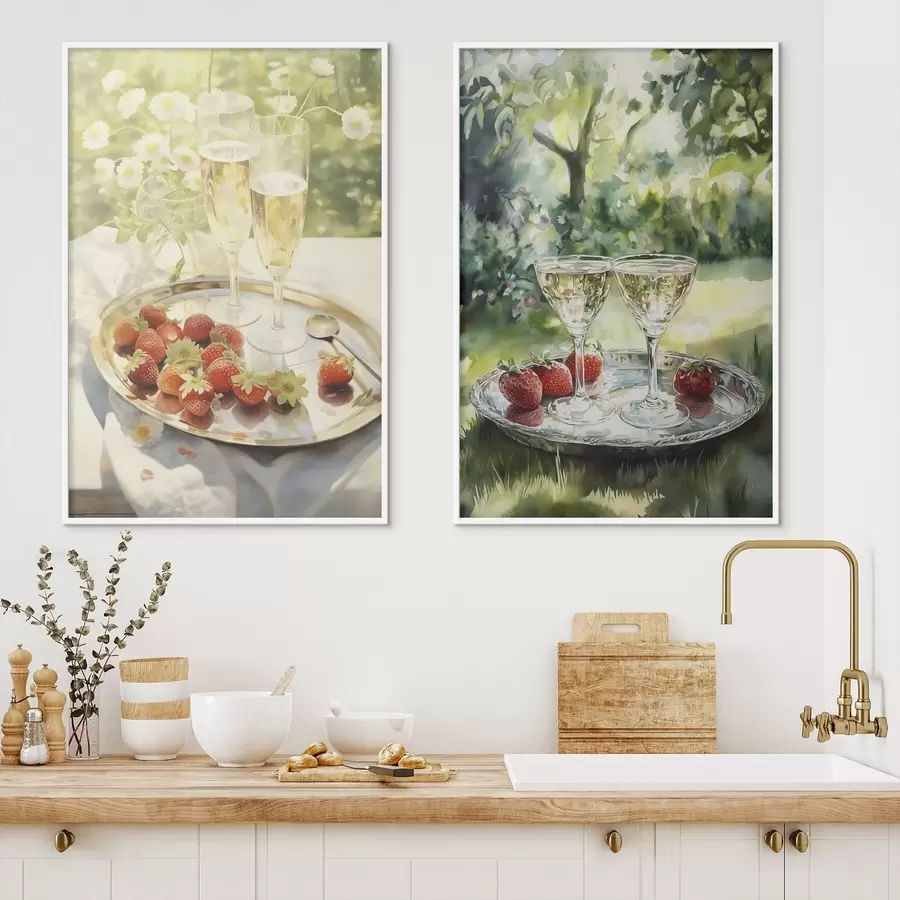 Fototapete Sommerpicknick, Sektgläser mit Erdbeeren auf dem Tablett, Kamillenblüten d00414