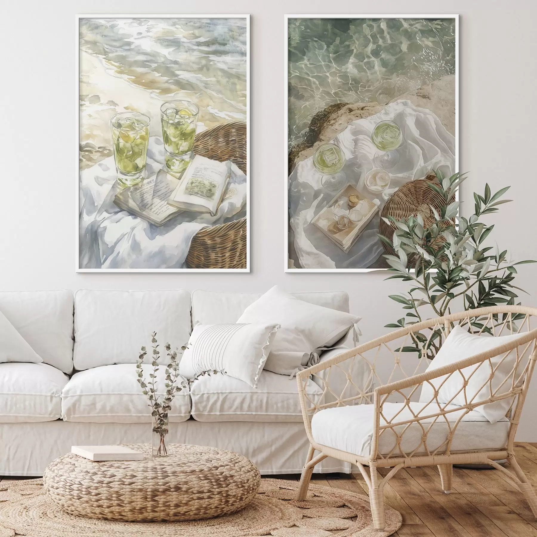 Fototapete Cocktails am Strand, Aquarell-Stil Zeichnung, Meer, Sommer-Picknick d00417