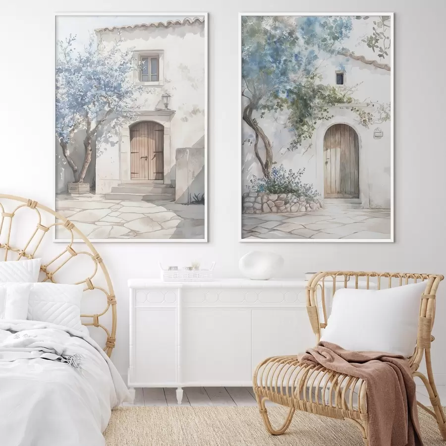 Fototapete Griechische weiße Häuser mit blühenden Bäumen, mediterran, Aquarell-Stil Zeichnung d00419