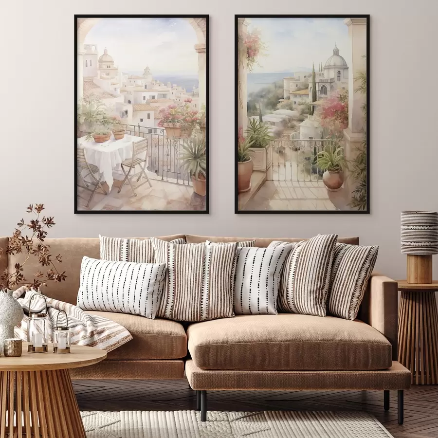 Fototapete Sonnenuntergang auf dem Balkon, Architektur, blühende Blumen, Aquarellstil, mediterran d00420