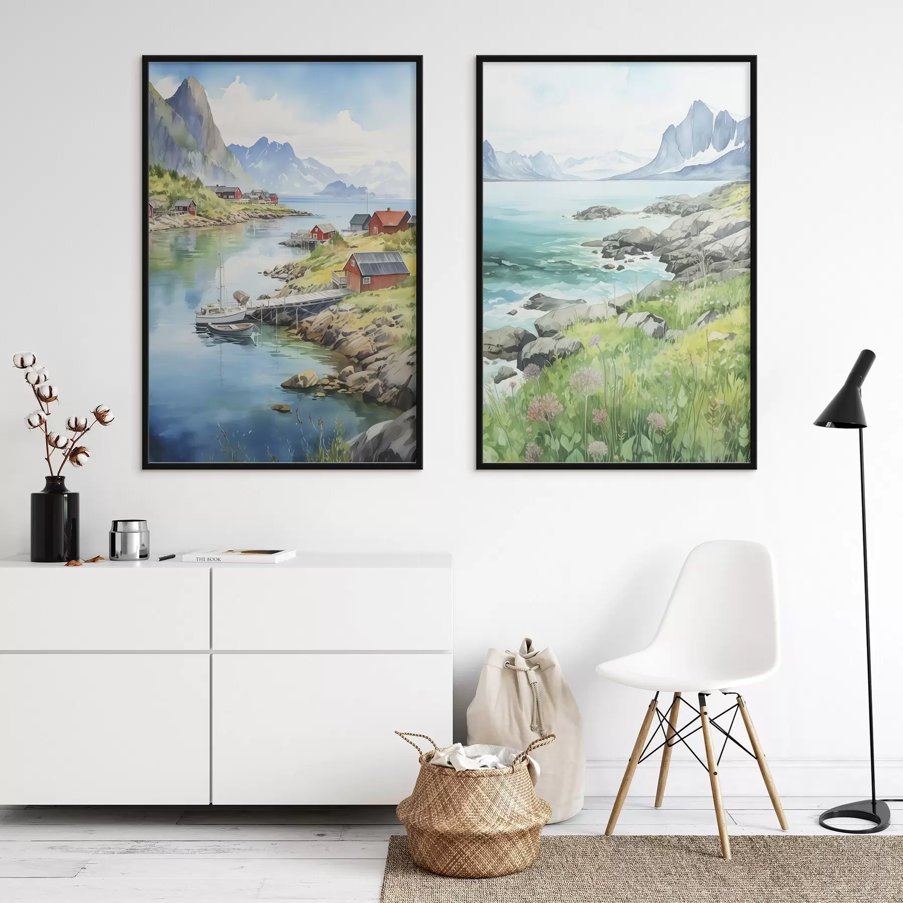 Fototapete Norwegen Natur, Lofoten Inseln, Sommerlandschaft, rote Häuser, Berge, Boote d00421
