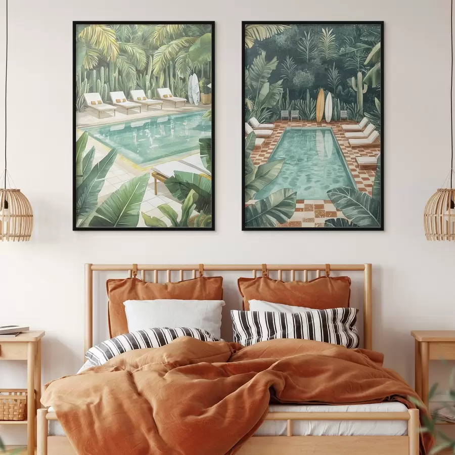 Fototapete Sommerpool, Vintage, Tropenwald, Grünzeug, Palmen, Aquarellstil d00422