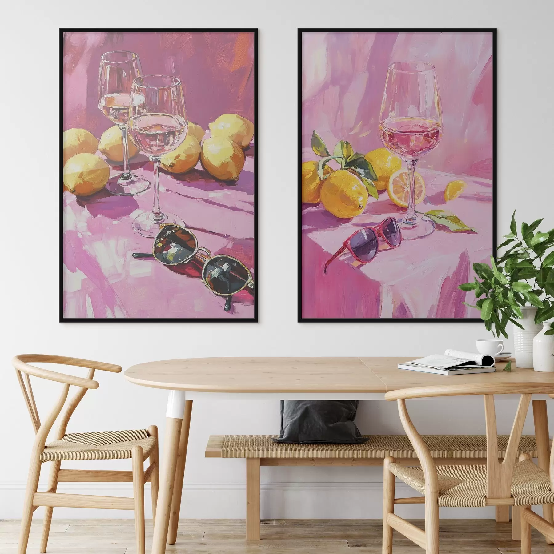 Fototapete Öl-Stil Abstraktion mit Gläsern von Champagner, Zitronen und Sonnenbrille, rosa Farben d00444