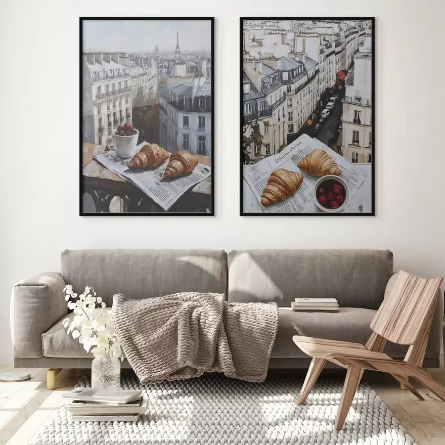 Fototapete Stadtansicht auf einem Balkon in Paris, Eiffelturm, Erdbeeren, Kaffee, Tagebuch d00445