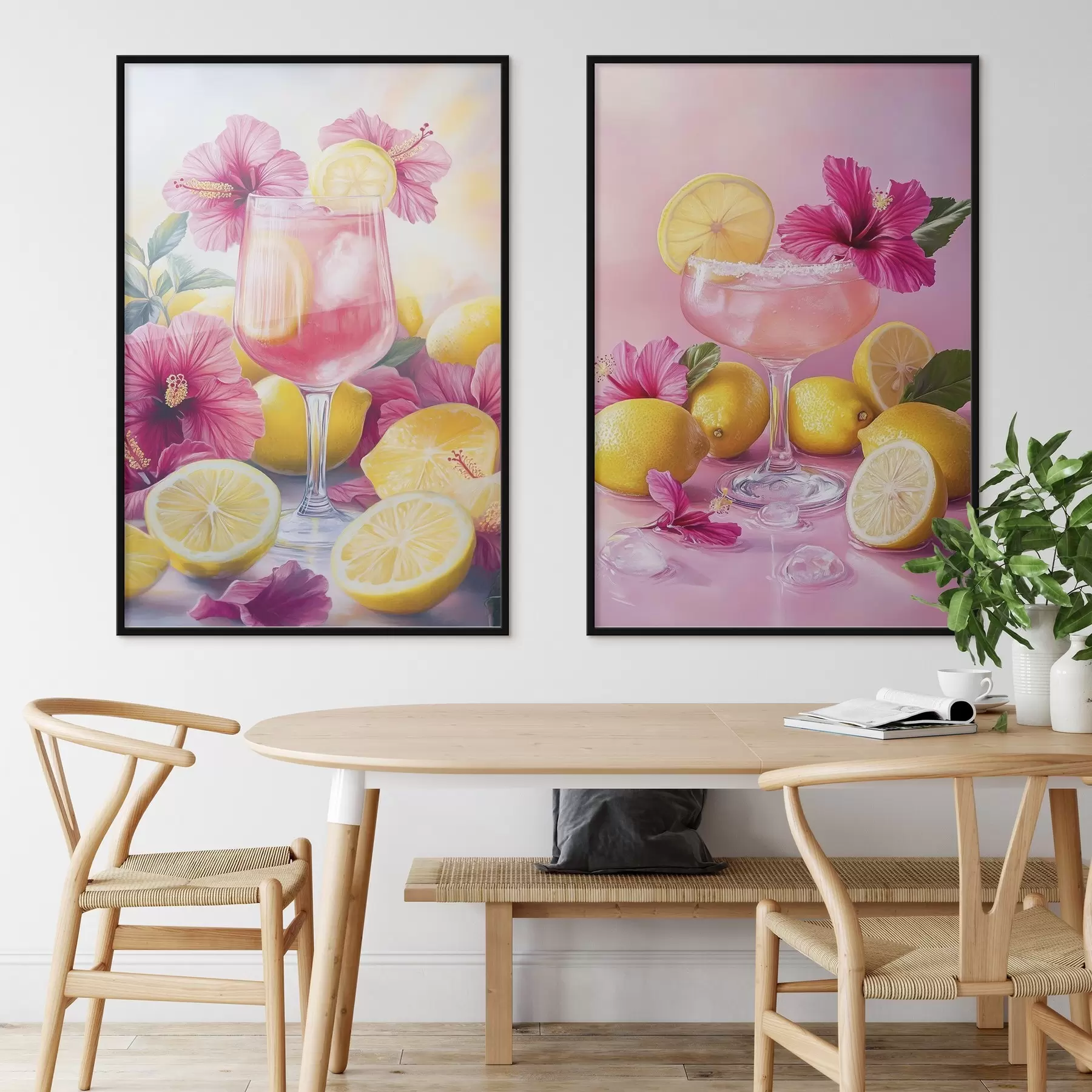 Fototapete Cocktails mit Hibiskusblüten und Zitronen, Sommer, saftig, Aquarellstil d00446
