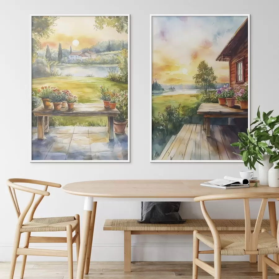 Fototapete Sommerdorf, Sonnenuntergang, rustikal, Blumen, See, Aquarell-Stil d00449