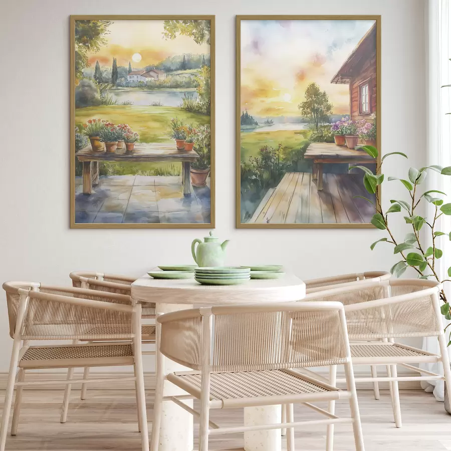 Fototapete Sommerdorf, Sonnenuntergang, rustikal, Blumen, See, Aquarell-Stil d00449