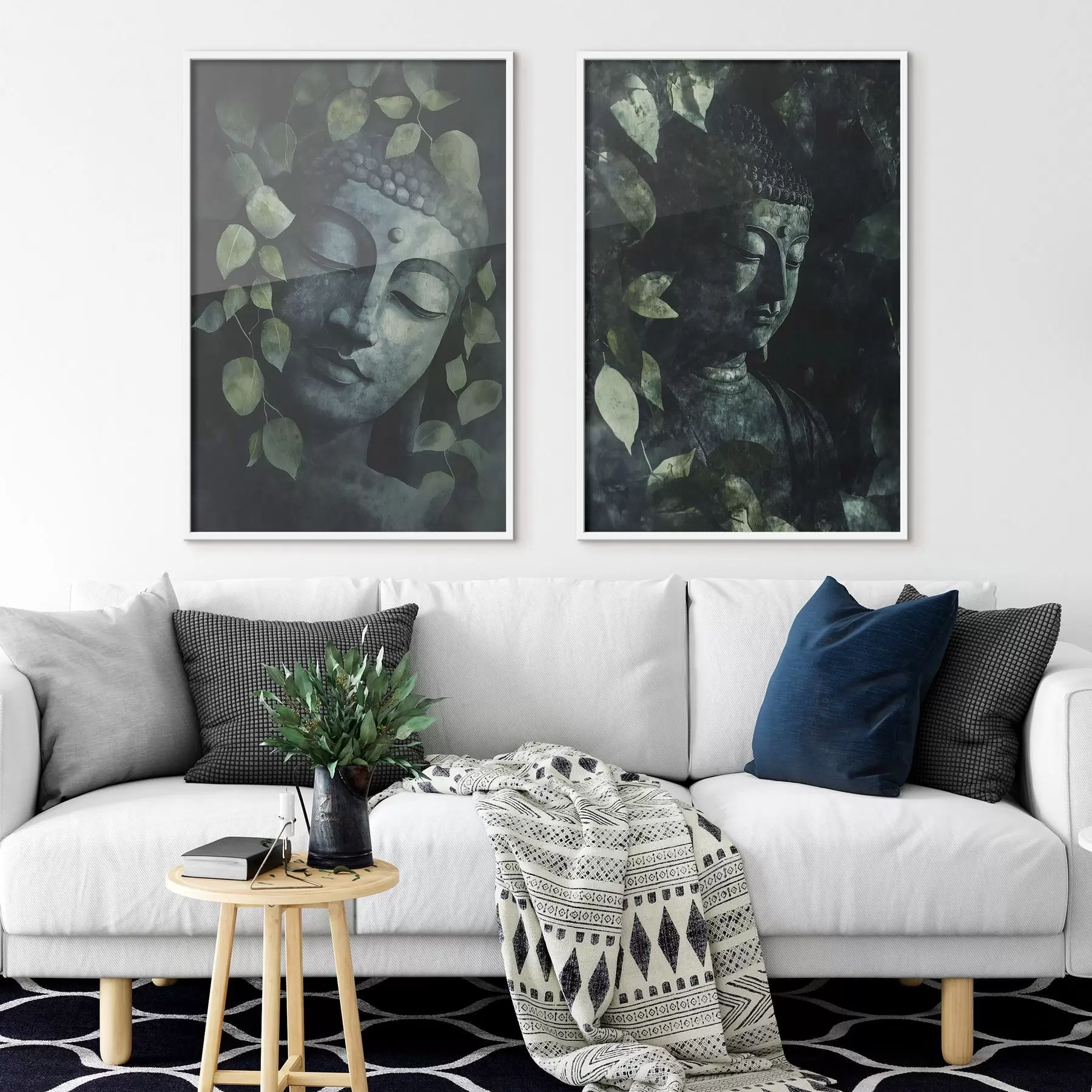 Fototapete Grüner Buddha in tropischen Blättern, Aquarellstil d00451