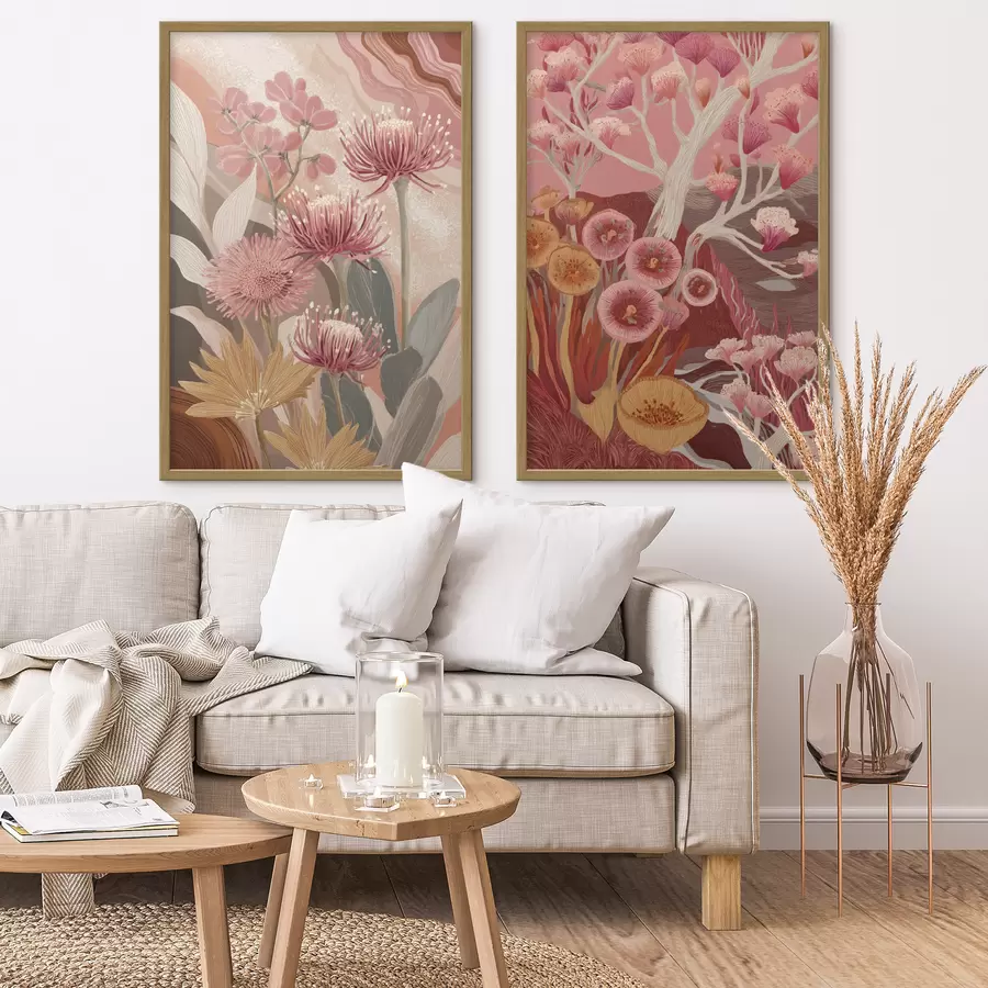 Fototapete Blumen im Boho-Stil, detaillierte Zeichnung, burgunderrote Farben d00476