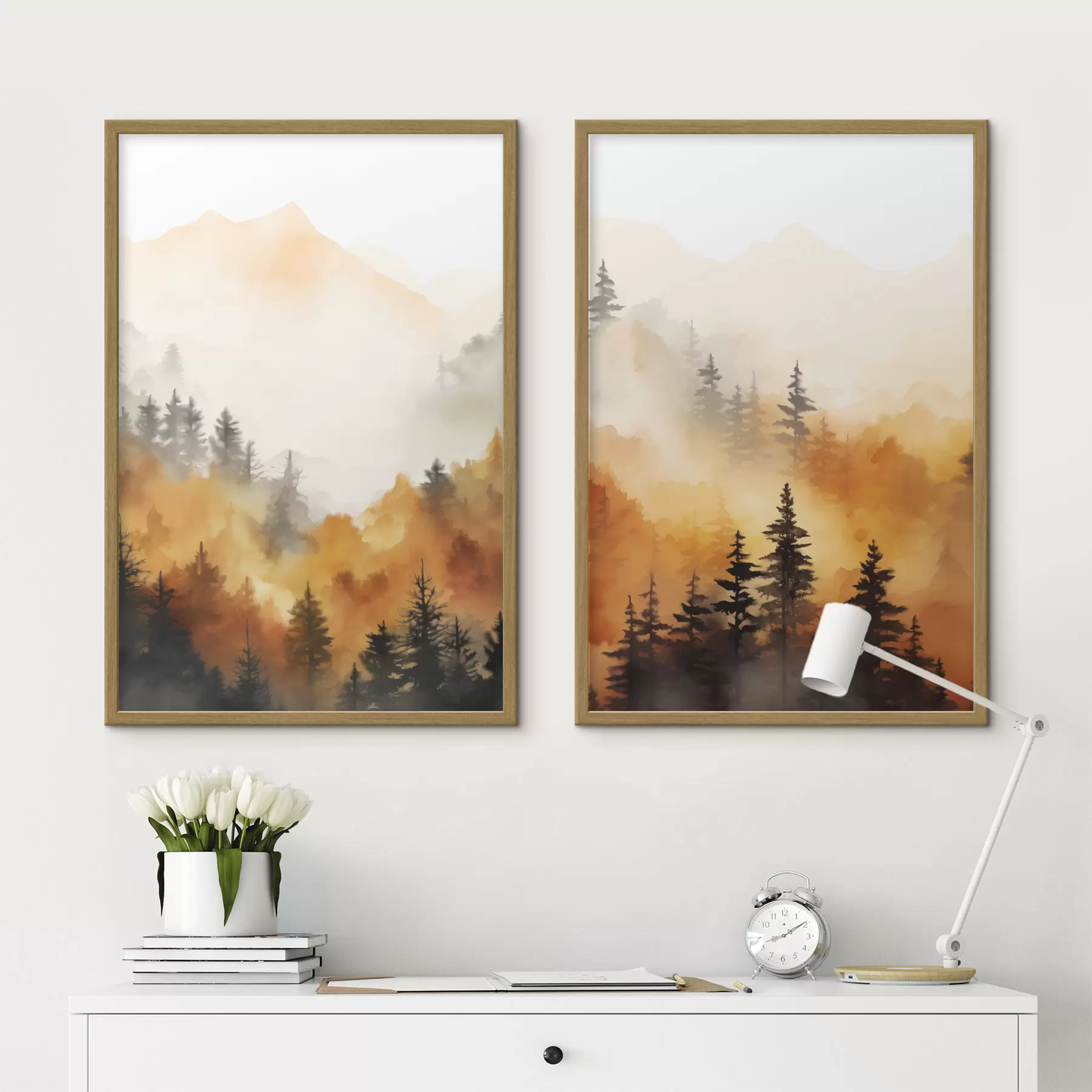 Fototapete Eine Landschaft Aquarell Malerei Nachahmung eines Waldes mit hohen Kiefern und Berge im Hintergrund d00519