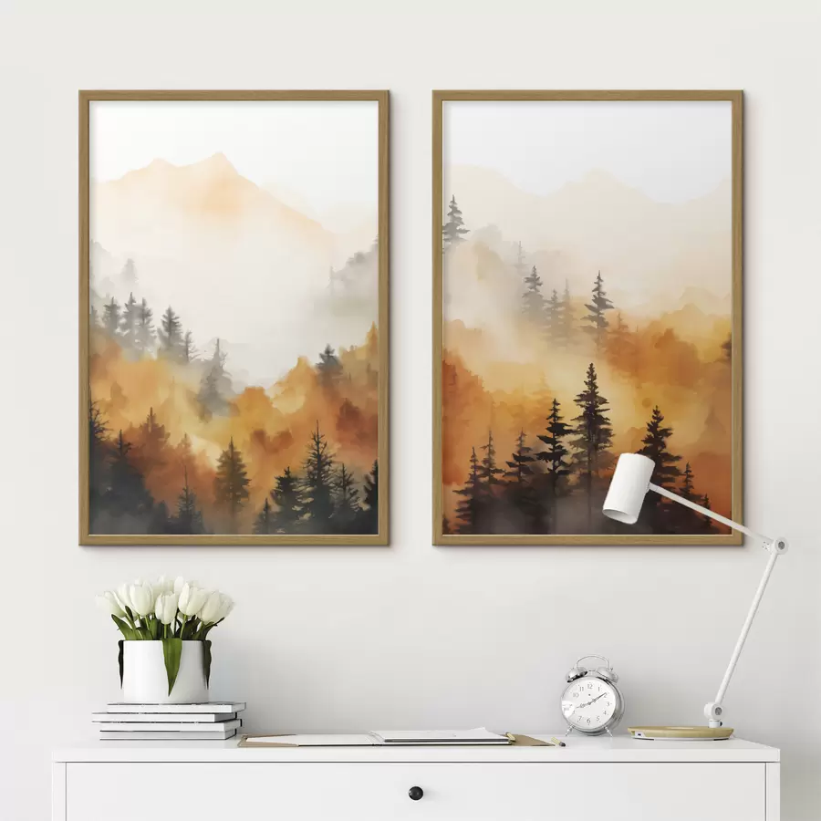 Fototapete Eine Landschaft Aquarell Malerei Nachahmung eines Waldes mit hohen Kiefern und Berge im Hintergrund d00519