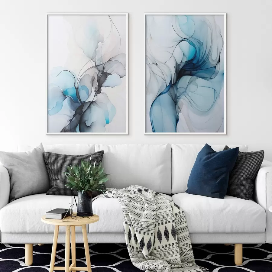 Fototapete Abstrakte Komposition mit fließenden Linien und durchscheinenden Blütenblättern in blauen, weißen und beigen Farbtönen, Alkoholtintenimitation d00523