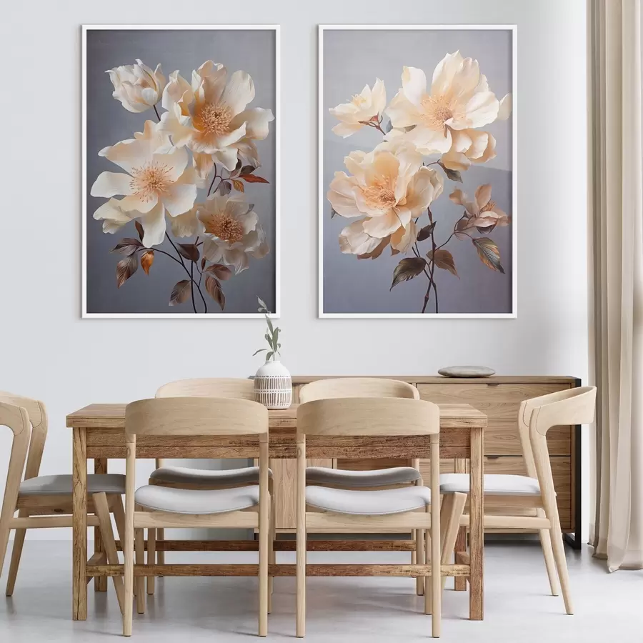 Fototapete Texturierte Blumen mit orangefarbenen Blütenstempeln und orangefarbenen Blättern auf grauem Hintergrund, weiches Licht, elegant, detailliert, realistisch d00525