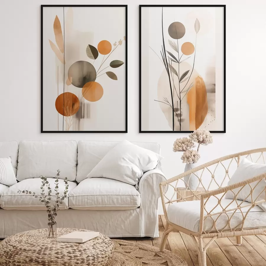 Fototapete Abstrakte Malerei-Imitation mit orangefarbenen und grauen Kreisen, Blättern und Zweigen, moderner Stil, Aquarelleffekt d01009