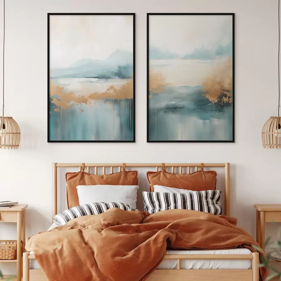 Fototapete Abstrakte Landschaft mit Bergen und See in Blaugrün und strukturiertem Gelb, weiche Pinselstriche, minimalistisches Kunstwerk d01012