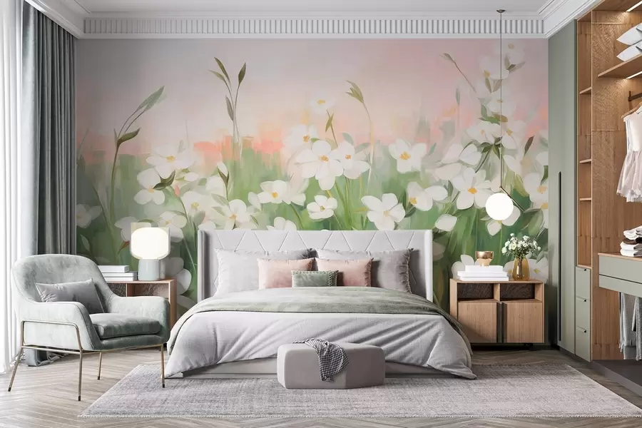 Fototapete Abstraktes Feld mit Wildblumen mit grünen Stielen und Blättern vor einem zartrosa und weiß strukturierten Himmel w09297
