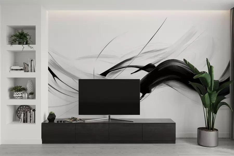 Fototapete Abstrakte Schwarz-Weiß-Pinselstriche mit dünnen Linien, die ein modernes Design vor hellem Hintergrund bilden. w09605