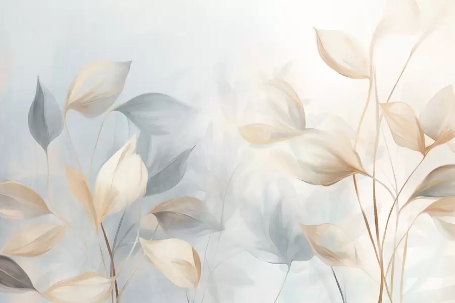 Fototapete Weiche, zarte, durchscheinende Blätter in gedeckten Beige-, Pfirsich- und Hellblautönen, strukturierte Pastellkunst w09607