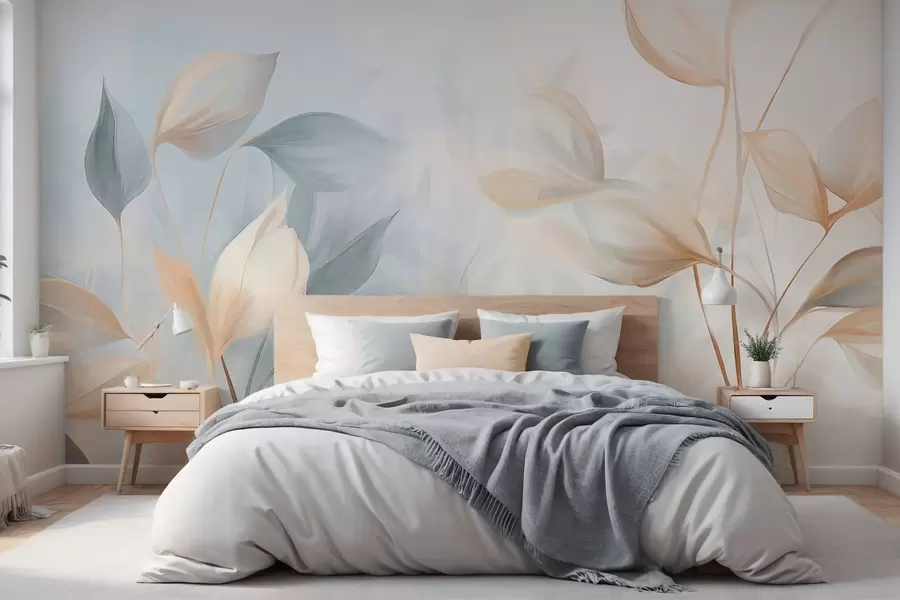 Fototapete Weiche, zarte, durchscheinende Blätter in gedeckten Beige-, Pfirsich- und Hellblautönen, strukturierte Pastellkunst w09607