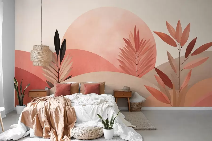 Fototapete Abstrakte Boho-Landschaft, Sonne hinter sanften Hügeln, Pflanzen im Vordergrund, minimalistisch, strukturiert, gedeckte Farben w09608