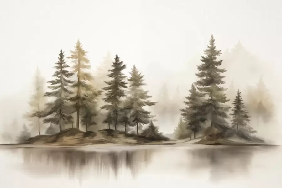 Fototapete Ein strukturierter, nebliger Wald mit hohen Kiefern, gemalt in Imitationstechnik w09610