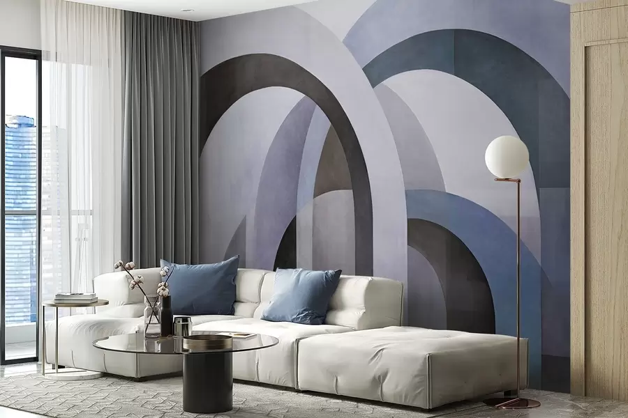 Fototapete Abstrakte, strukturierte geometrische Bögen in Blau-, Schwarz- und Grautönen, ein vielschichtiges modernes architektonisches Design w09611v1