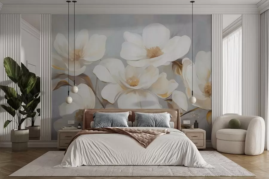 Fototapete Eine strukturierte Malerei-Imitation mehrerer weißer Magnolienblüten vor einem gedämpften Pastellhintergrund w09612