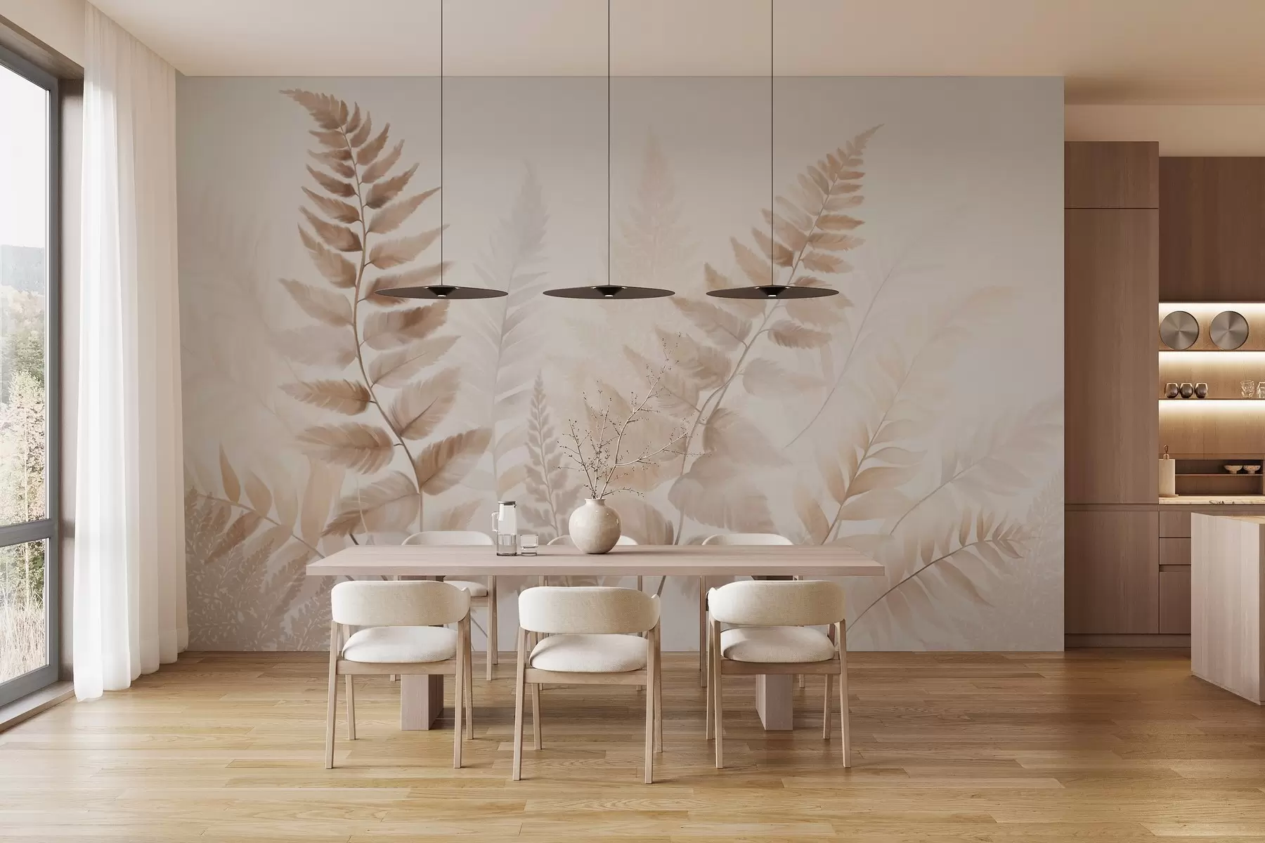 Fototapete Strukturierte getrocknete Farnwedel in verschiedenen Brauntönen, mit einem weichen, hellen Hintergrund im Aquarellstil w09615