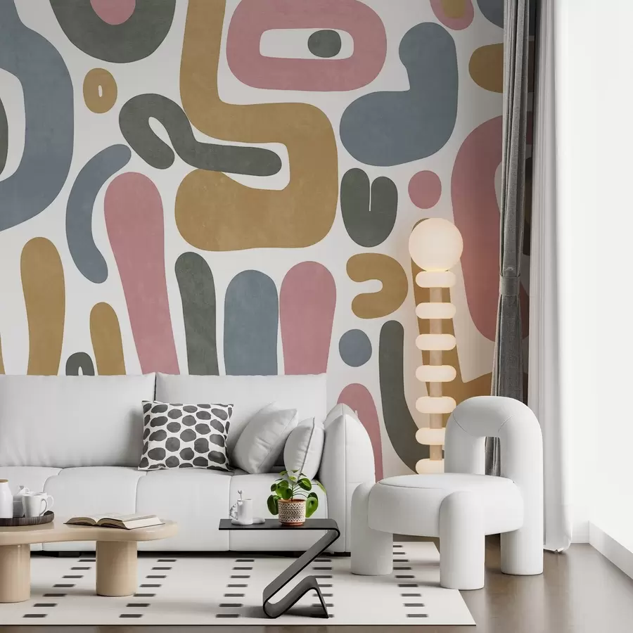 Fototapete Abstrakte, strukturierte Formen in Pastellrosa, gedecktem Blau, Senfgelb und Grau auf weißem Hintergrund – moderne Kunst w09620