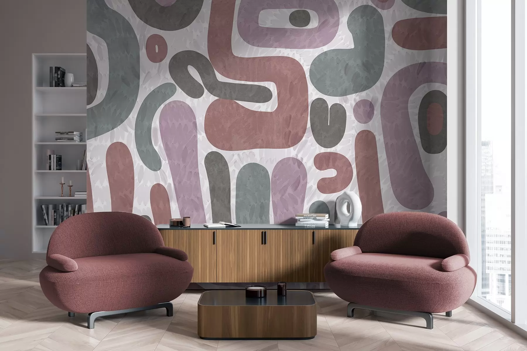 Fototapete Abstrakte, strukturierte Formen in gedeckten Rosa-, Grün- und Grautönen auf strukturiertem Hintergrund – moderne Kunst w09622