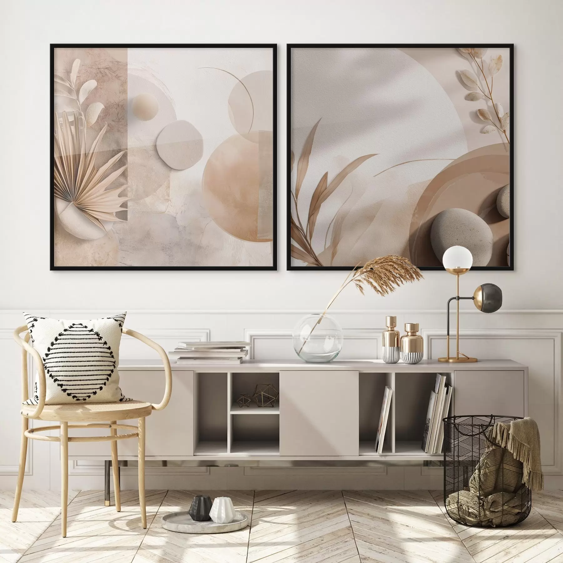 Fototapete Zwei Leinwände mit getrockneten Blättern und strukturierten Formen d00893