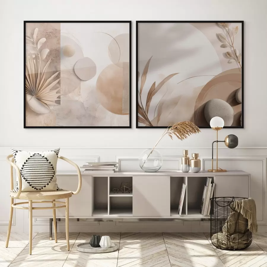 Fototapete Zwei Leinwände mit getrockneten Blättern und strukturierten Formen d00893