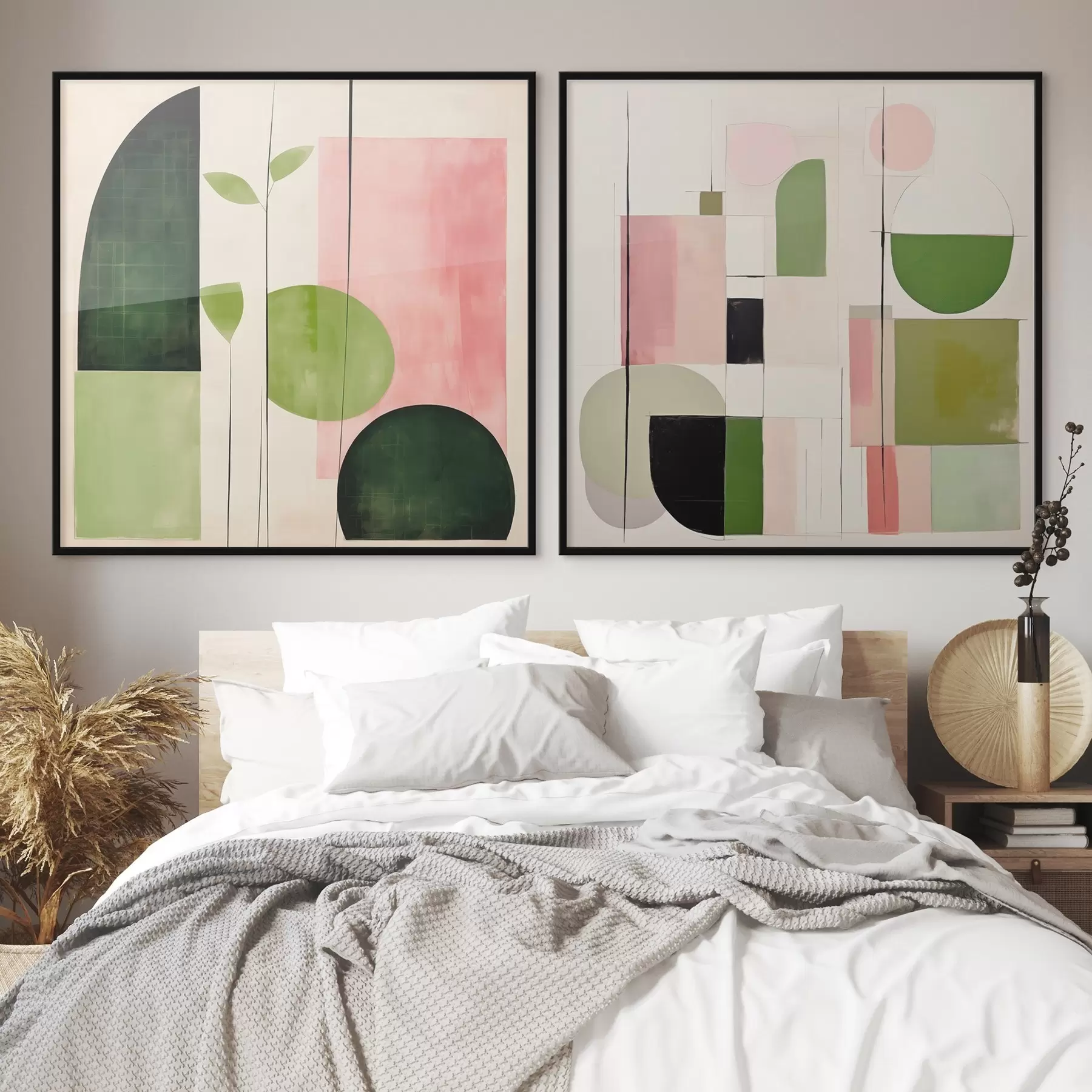 Fototapete Minimalistisches Diptychon mit stilisierten Blumen und geometrischen Formen d00894