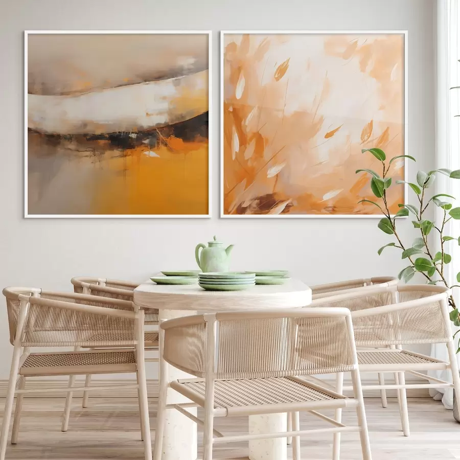 Fototapete Abstraktes Diptychon im Ölstil mit gelb-orangefarbenen und schwarzen Tönen d00897