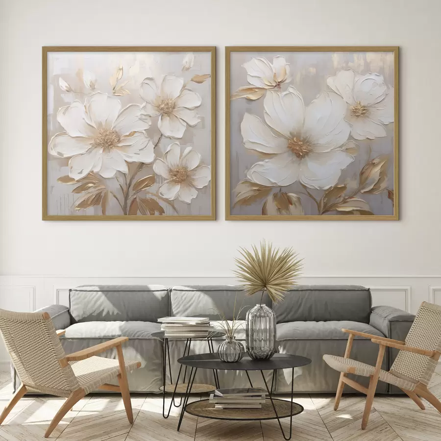 Fototapete Diptychon mit großen Blumen in hellen, warmen Farben d00927