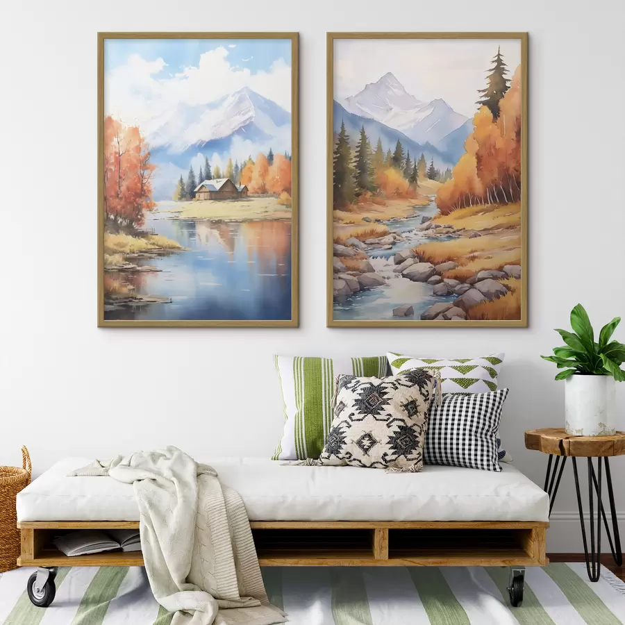 Fototapete Herbstliche Berglandschaft mit See und Fluss d00929