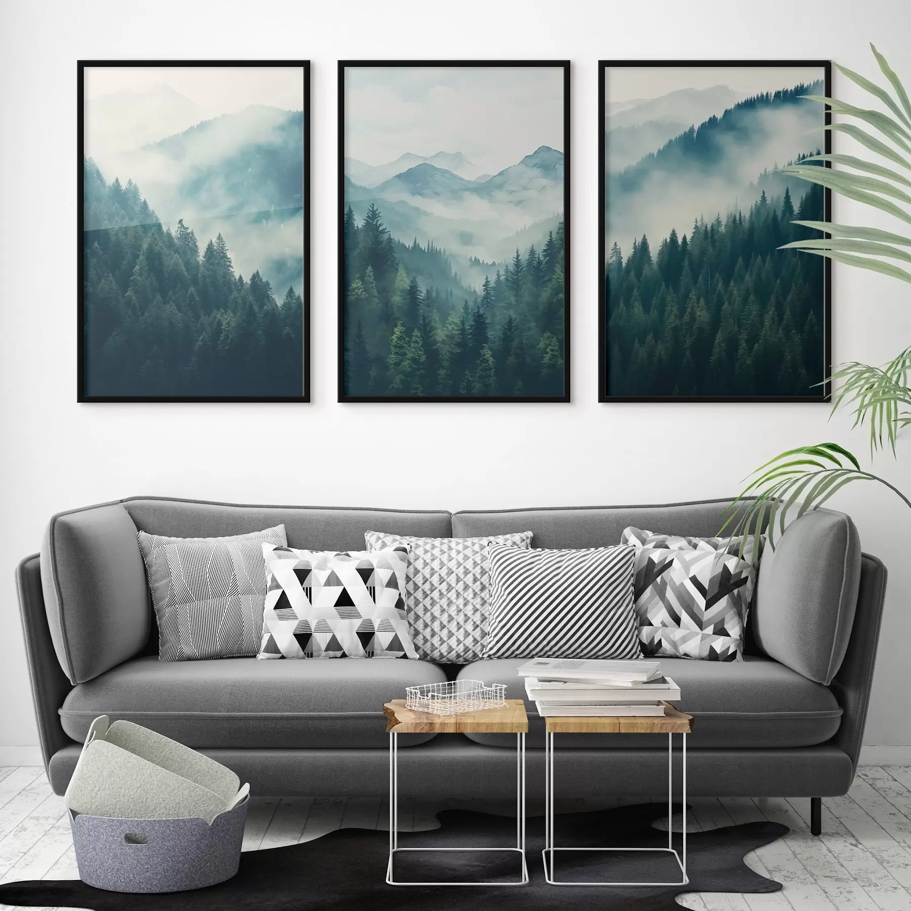 Fototapete Nebelverhangene Kiefernberge in sanften Grün- und Blautönen d00964