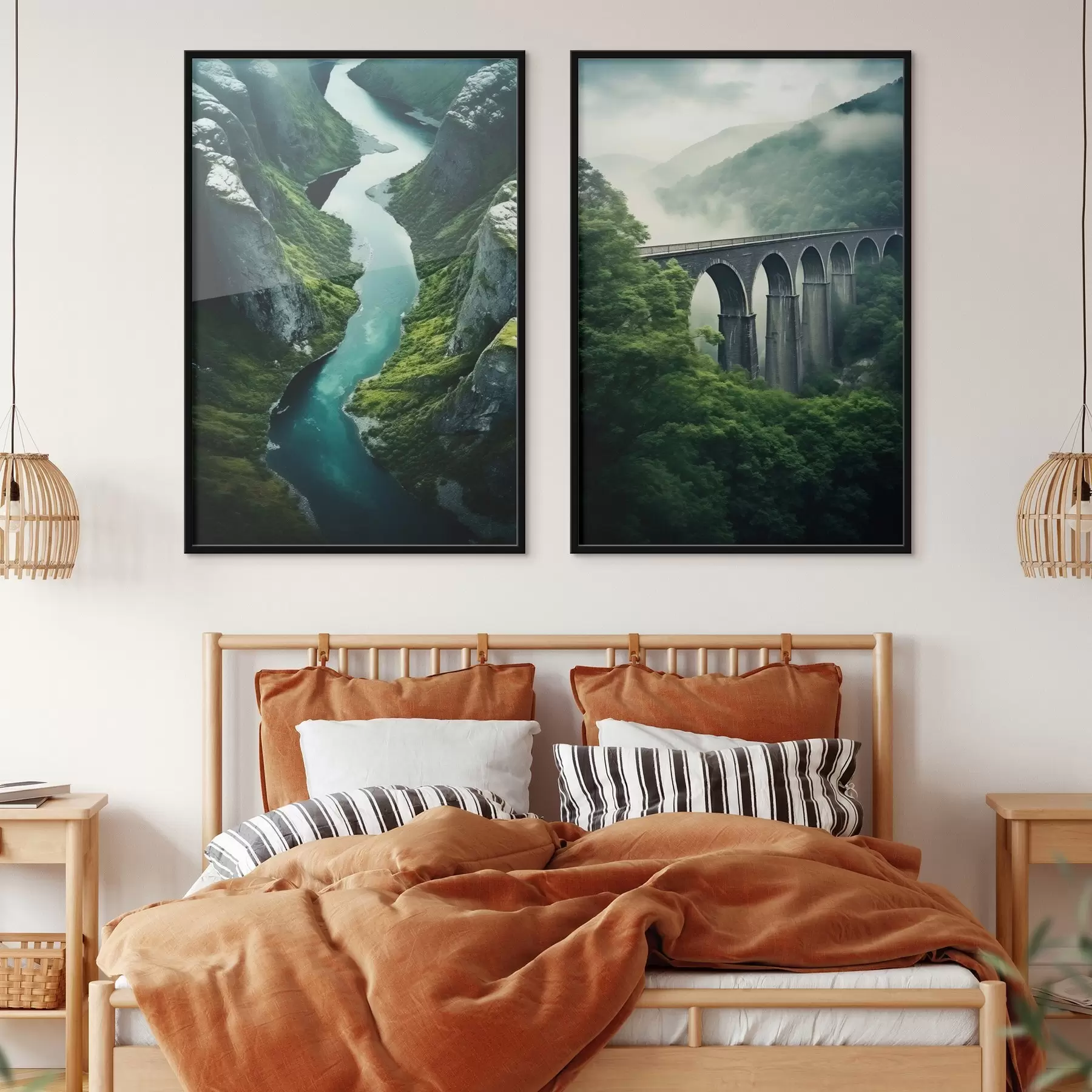 Fototapete Luftbild einer Flussschlucht und eines nebligen Viadukts inmitten grüner Hügel d00967