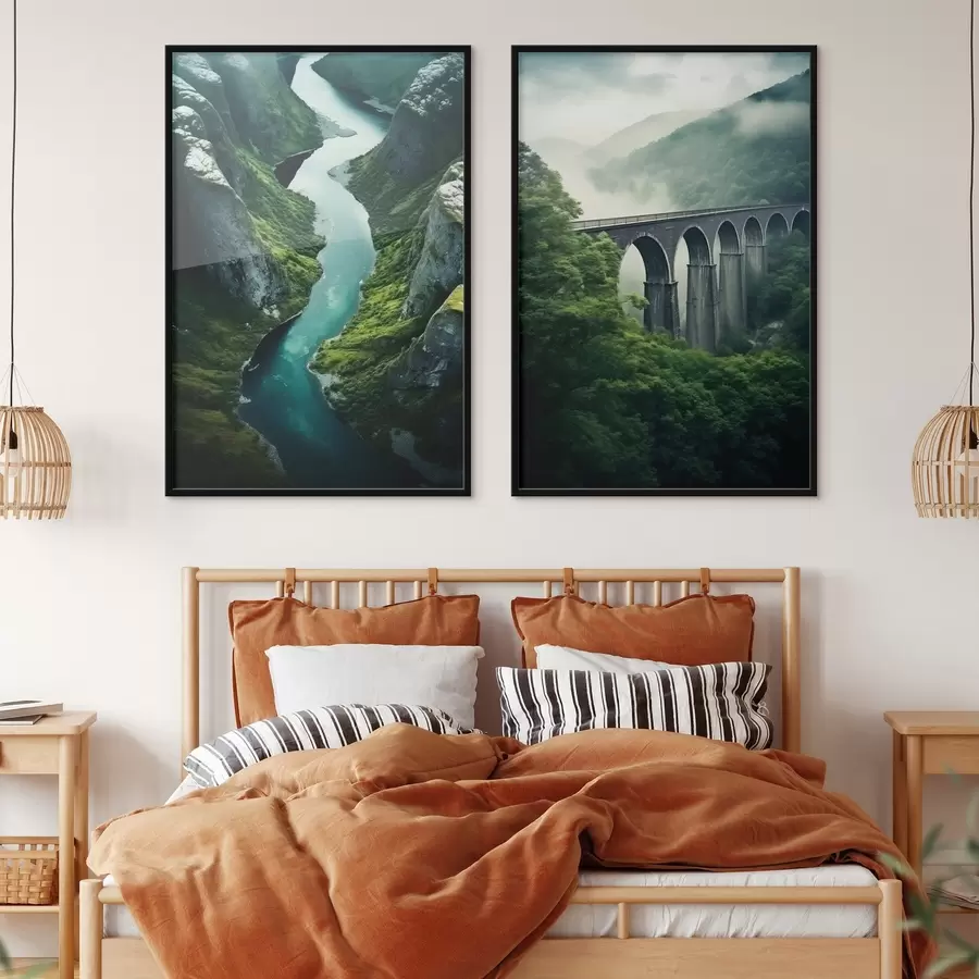 Fototapete Luftbild einer Flussschlucht und eines nebligen Viadukts inmitten grüner Hügel d00967