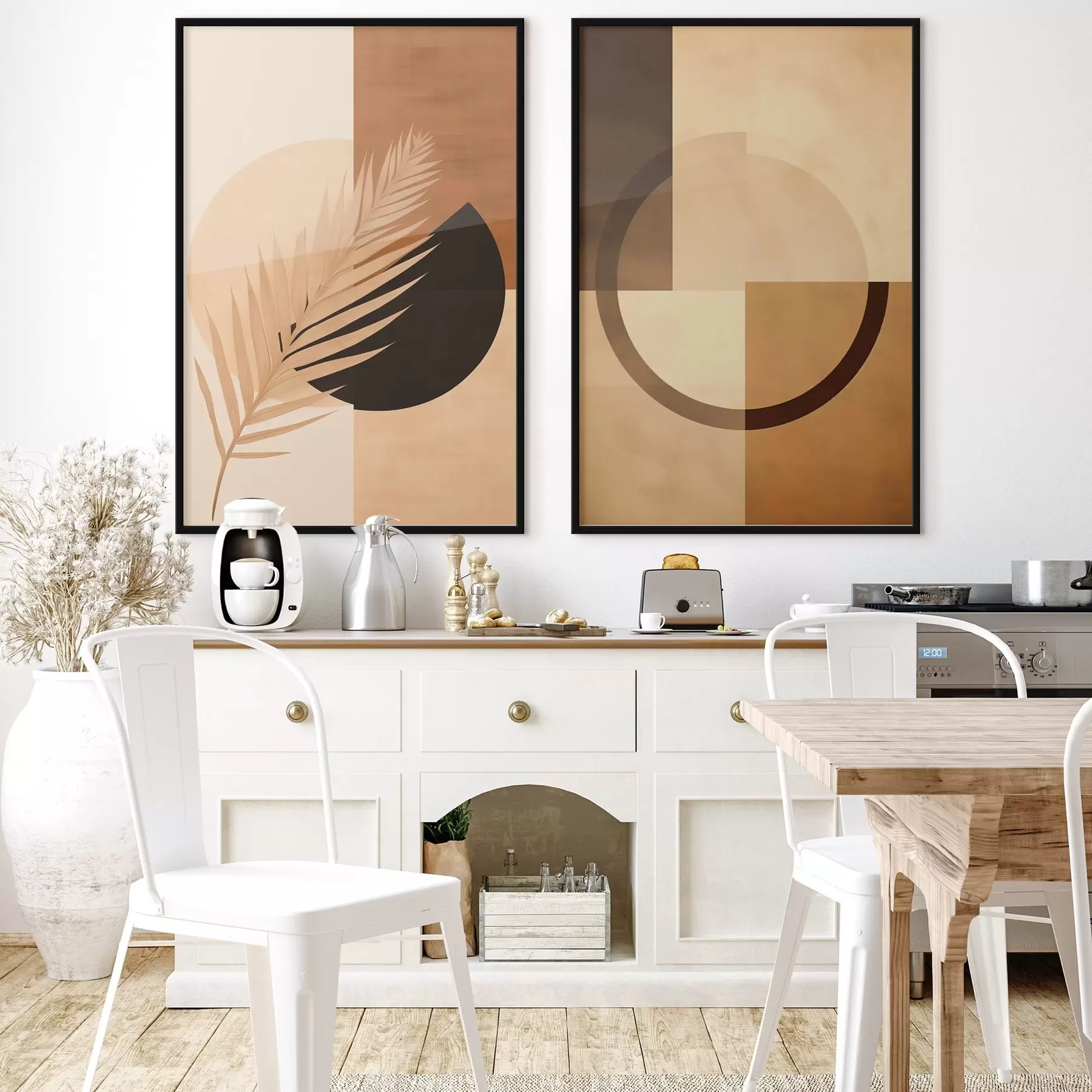 Fototapete Terrakotta und beige Geometrie mit Palmblattmotiv d00968