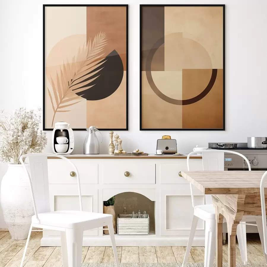 Fototapete Terrakotta und beige Geometrie mit Palmblattmotiv d00968