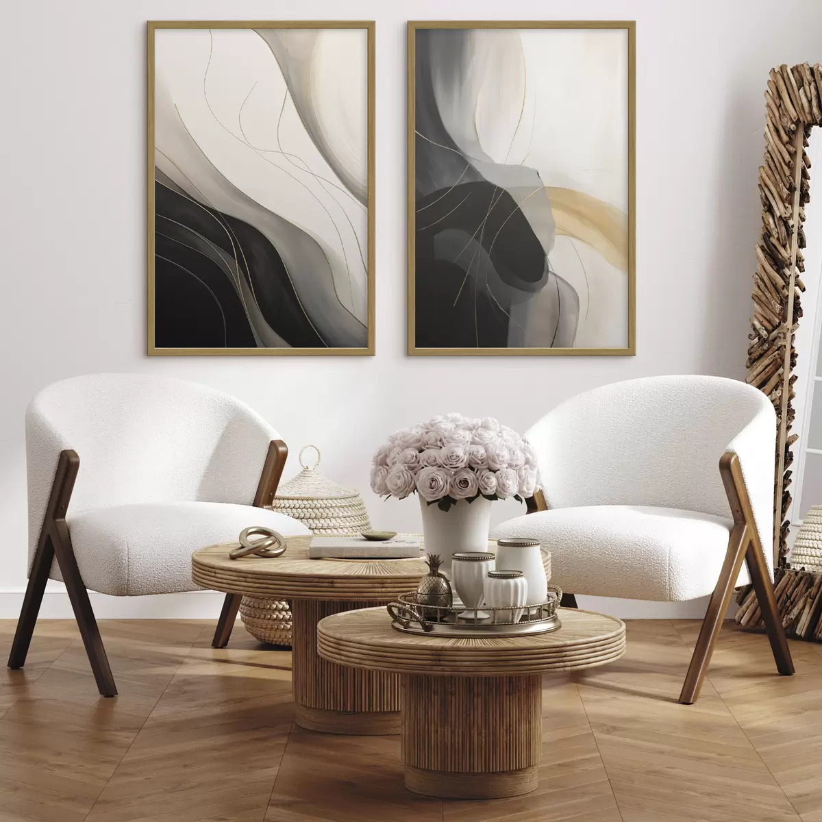 Poster Monochrome Kurven mit feinen Metallfäden d00972
