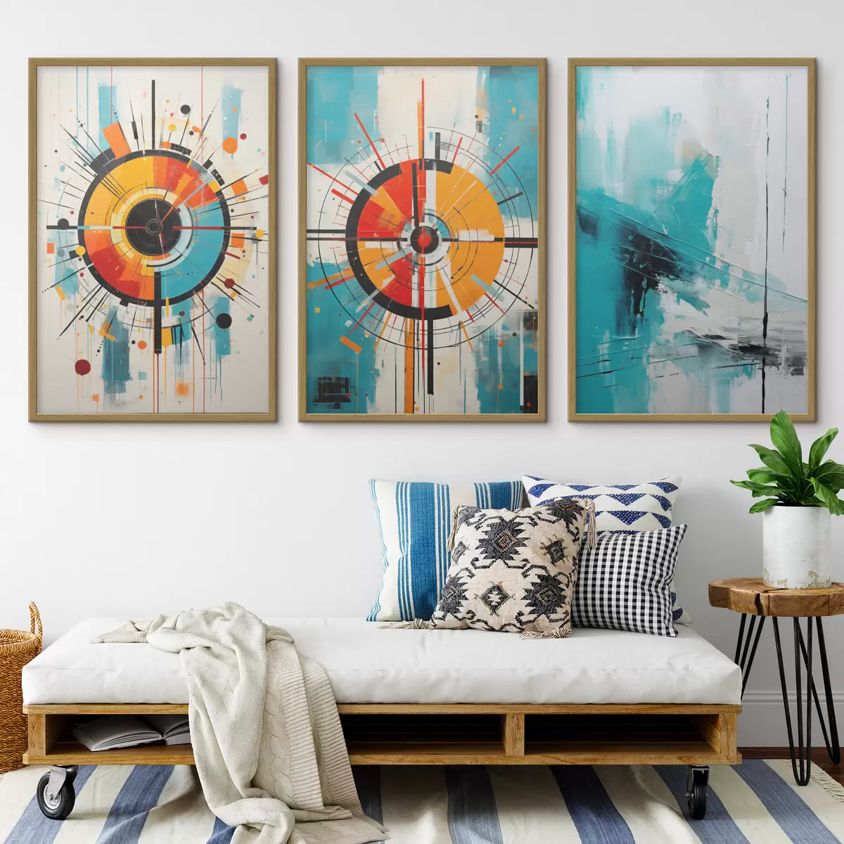 Poster Radiales Abstrakt mit türkisfarbenen und orangefarbenen Spritzern d00973