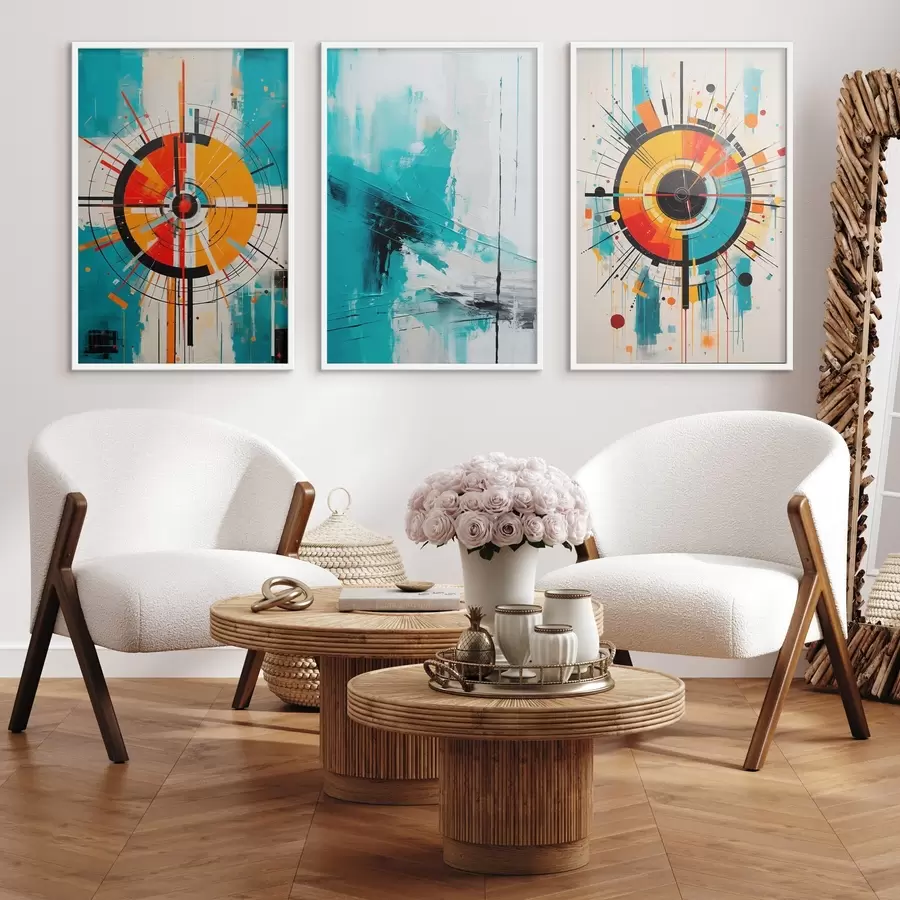 Fototapete Radiales Abstrakt mit türkisfarbenen und orangefarbenen Spritzern d00973