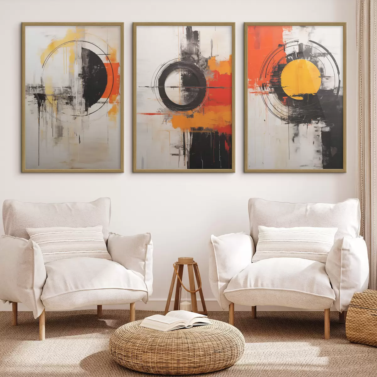Poster Strukturierte Kreise und kräftige Striche in Schwarz, Ocker und Orange d00974