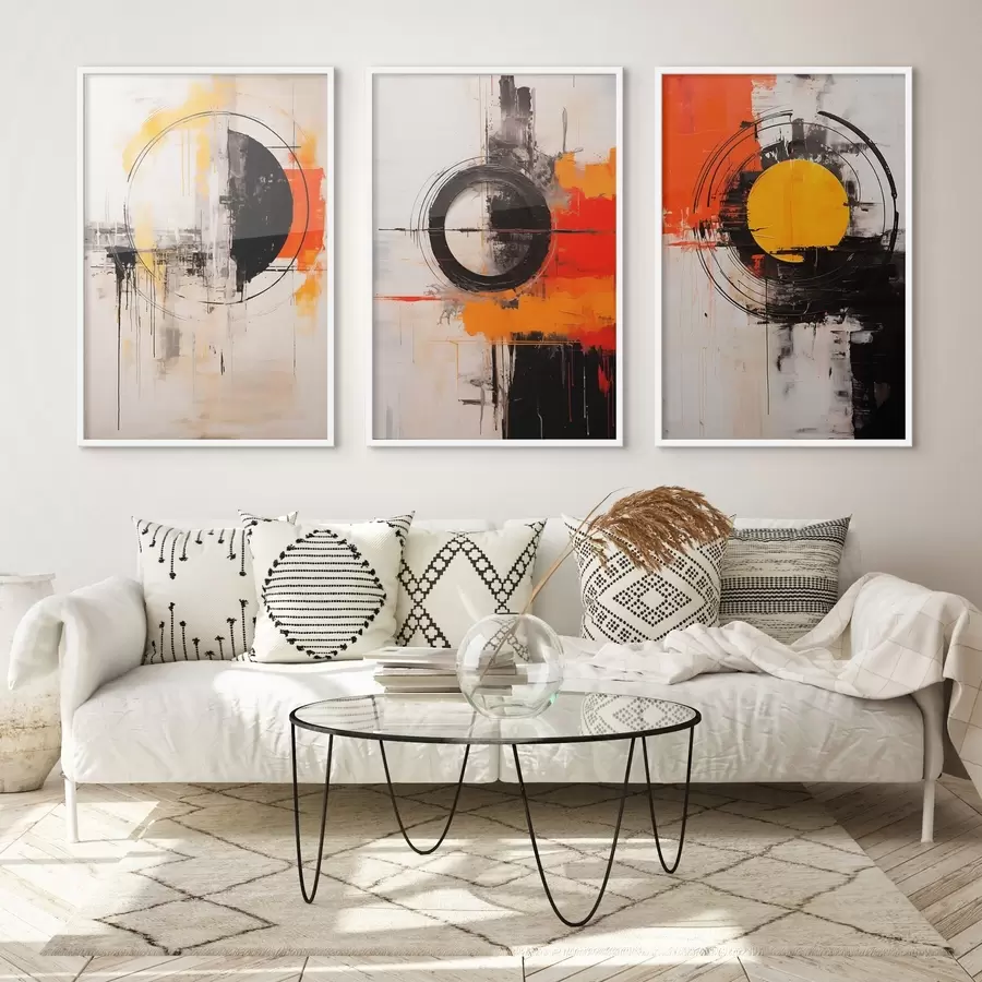 Fototapete Strukturierte Kreise und kräftige Striche in Schwarz, Ocker und Orange d00974