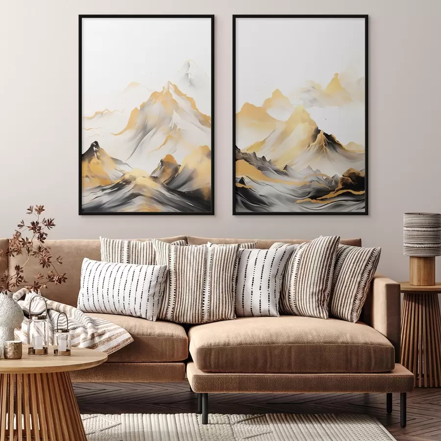 Fototapete Strukturierte gelbe und schwarze Berge mit schneebedeckten Gipfeln, Tuschemalerei-Stil, minimalistische Bergkette d01002