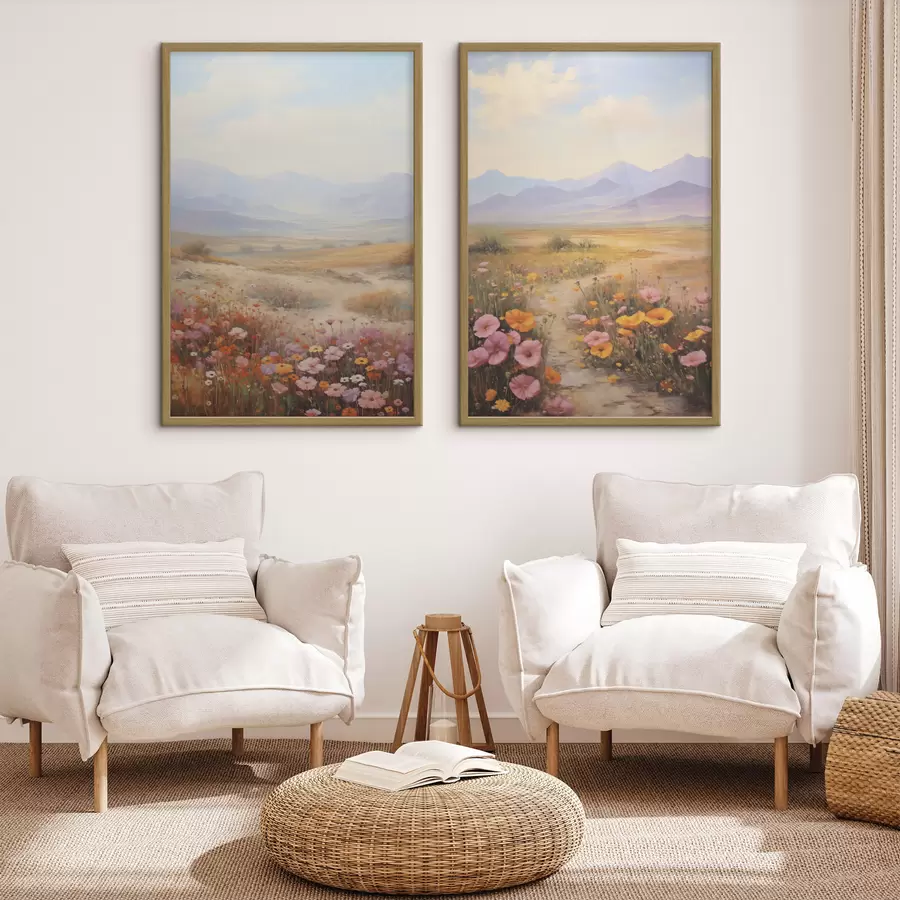 Fototapete Landschaft, ein Feld voller bunter Blumen mit Bergen im Hintergrund, sanfte Pastellfarben d01003