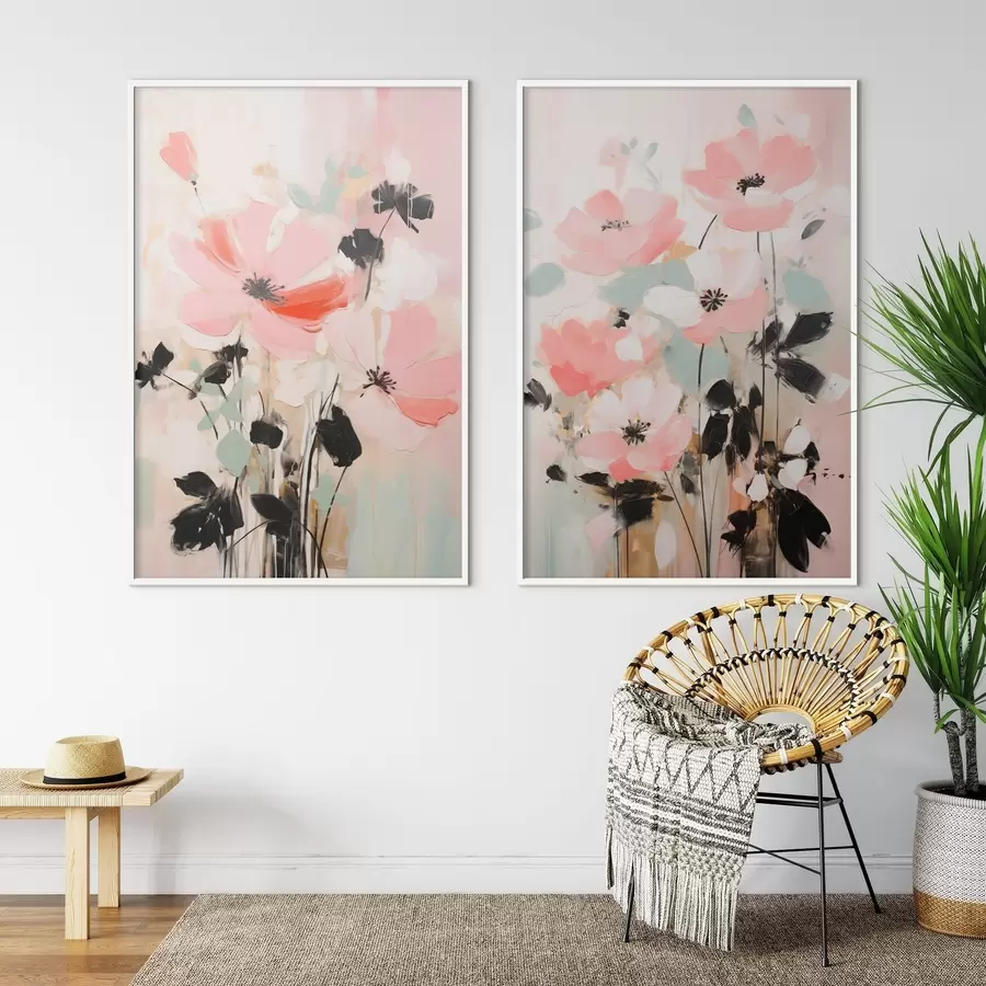 Fototapete Rosa und schwarze Blumen mit Blättern, sanfte Pastellfarben, abstraktes Blumenarrangement, minimalistische Kunst d01004