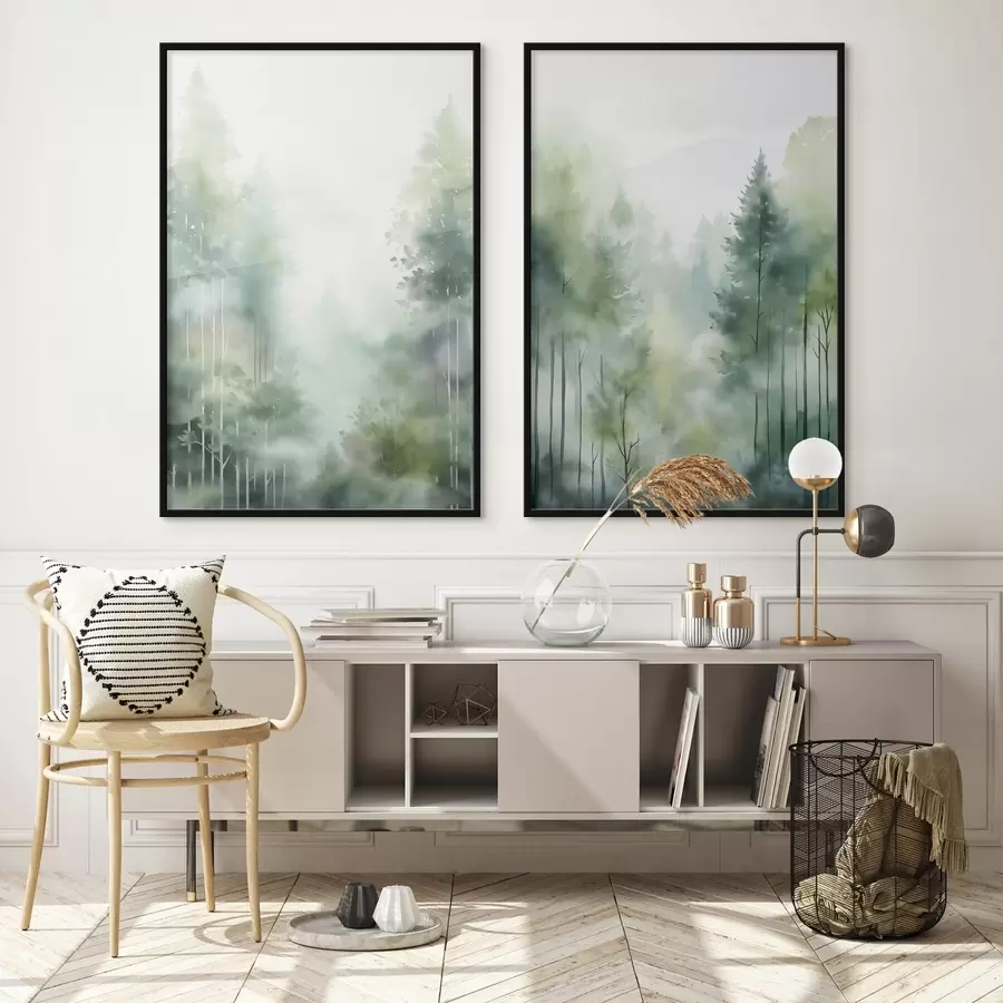 Fototapete Aquarellmalerei, die einen abstrakten Wald mit hohen Bäumen und grünem Laub imitiert, in sanften, gedämpften Farben d01005